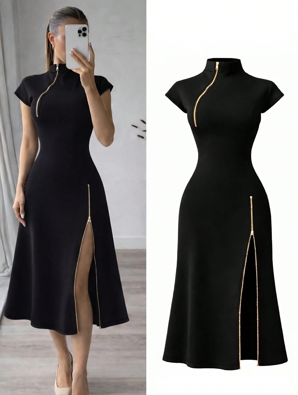 SHEIN Black Short-Sleeve Midi Dress